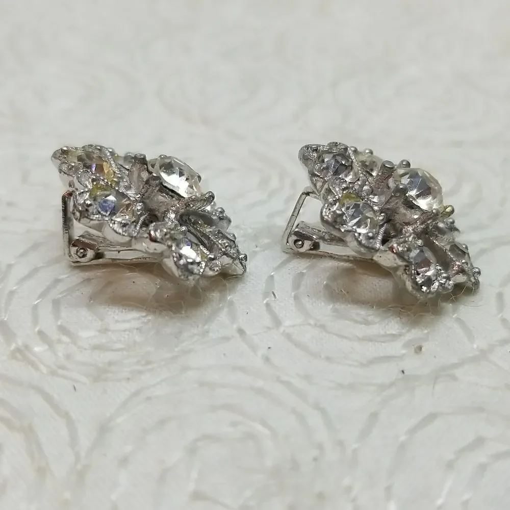 Bogoff Clip Earrings Rhinestone Flowers Petals Vintage
